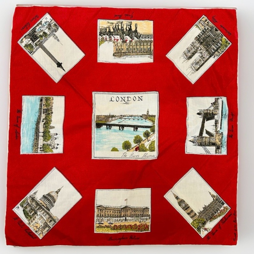 Vintage London Landmark THIRKELL Themed Red Square 25” Scarf